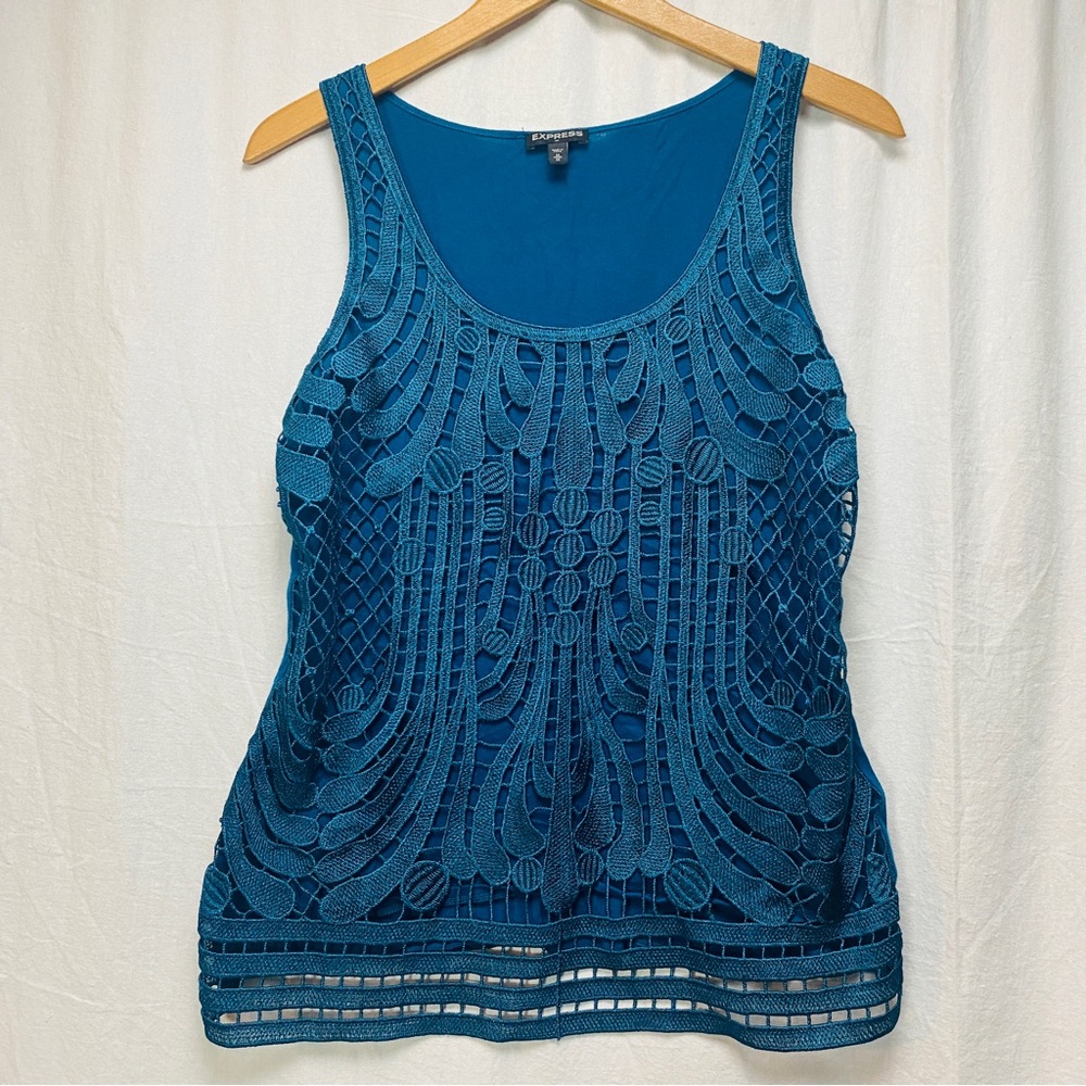 Express Crochet Lace Sleeveless Blouse Blue Tank Top